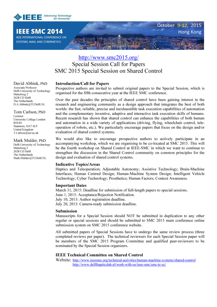 Special Session Call for Papers - Shared Control (03-02-2015)